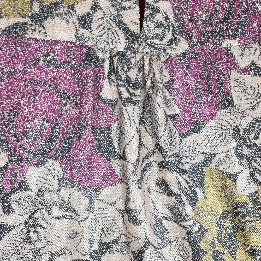 Anthropologie Marie Floral Sequin Top Pink Size 2 Puff Slve Night Luxe Coquette